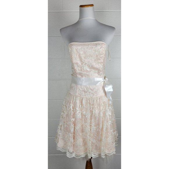 Vtg Jessica McClintock Gunne Sax Peach Pink & White Lace Strapless‎ Dress  9/10 - Picture 1 of 16
